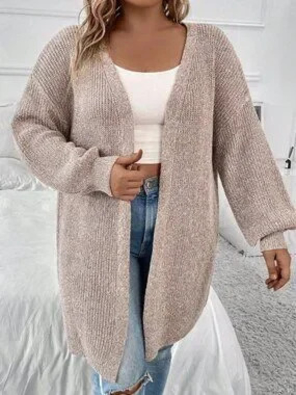 ZARA Khaki Women's Casual Plus Size Versatile Knitted V-Neck Cardigan - Picture 5 of 6